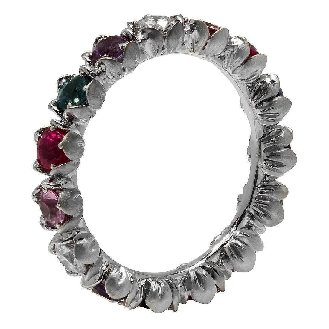 Sapphire and Diamond Eternity Band in 18K White Gold-Flower Motif