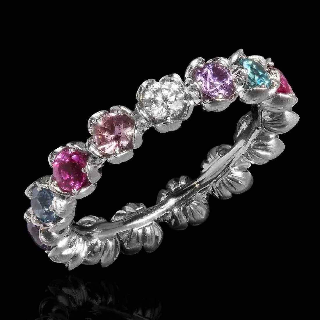 Sapphire and Diamond Eternity Band in 18K White Gold-Flower Motif