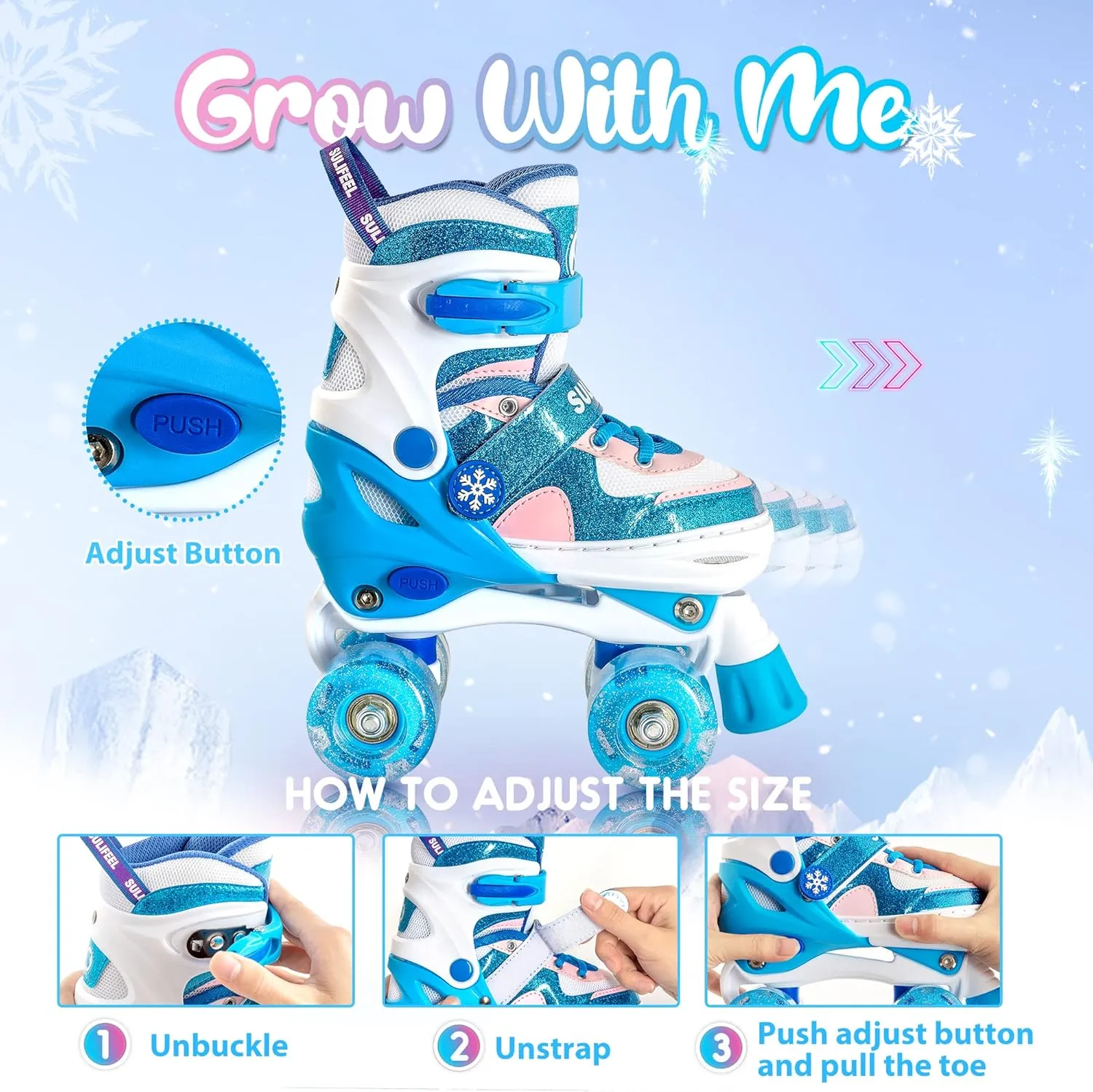 SULIFEEL Rainbow Unicorn 4 Size Adjustable Light up Roller Skates for Girls Boys for Kids