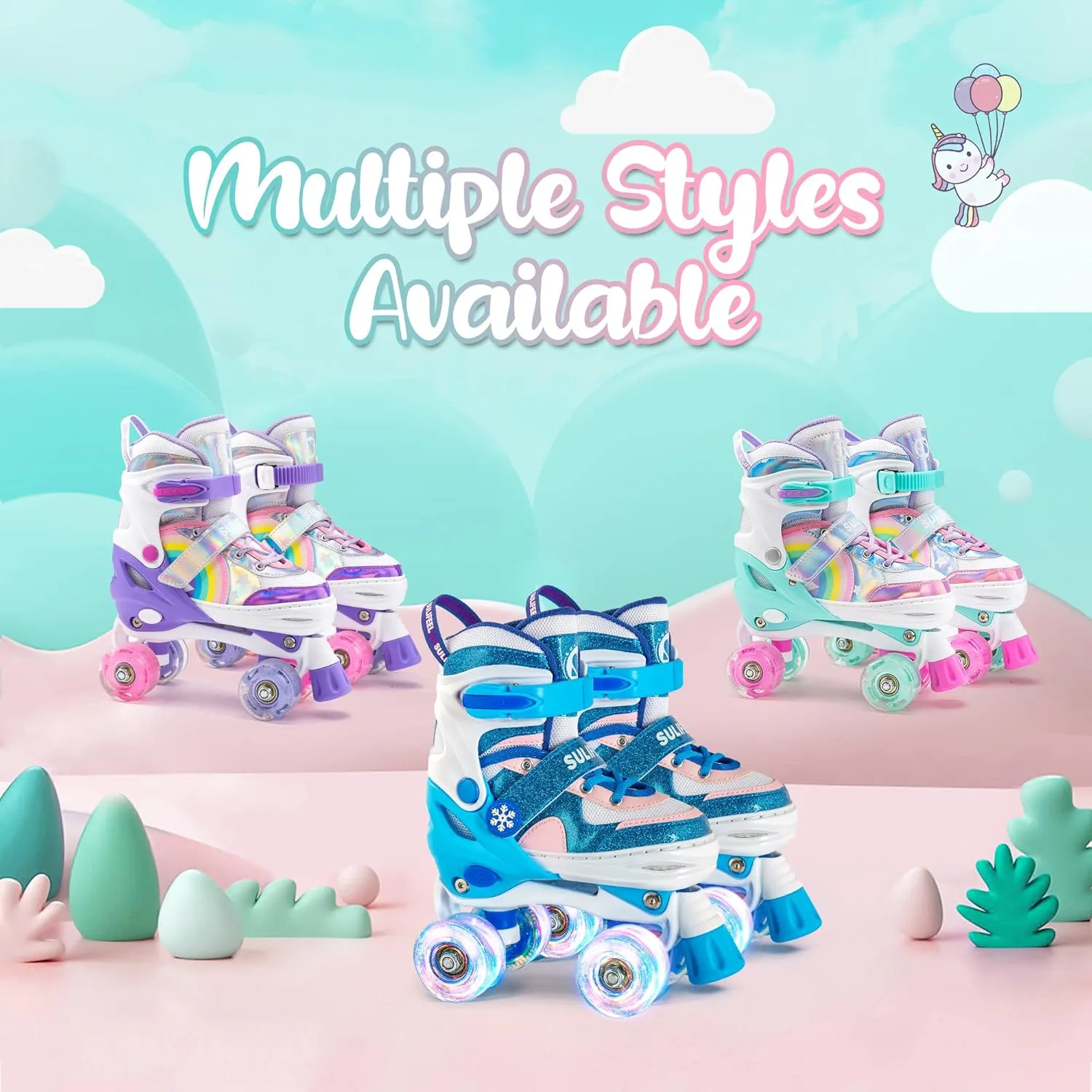 SULIFEEL Rainbow Unicorn 4 Size Adjustable Light up Roller Skates for Girls Boys for Kids