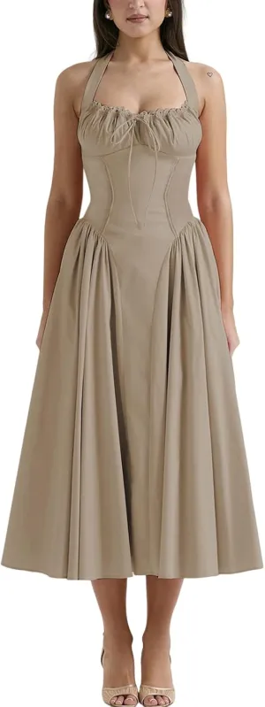 Women Floral Corset Dress Halter Neck Low Cut Bustier Lace Midi Dress Flowy Pleated Hem Long Sundress with Pockets