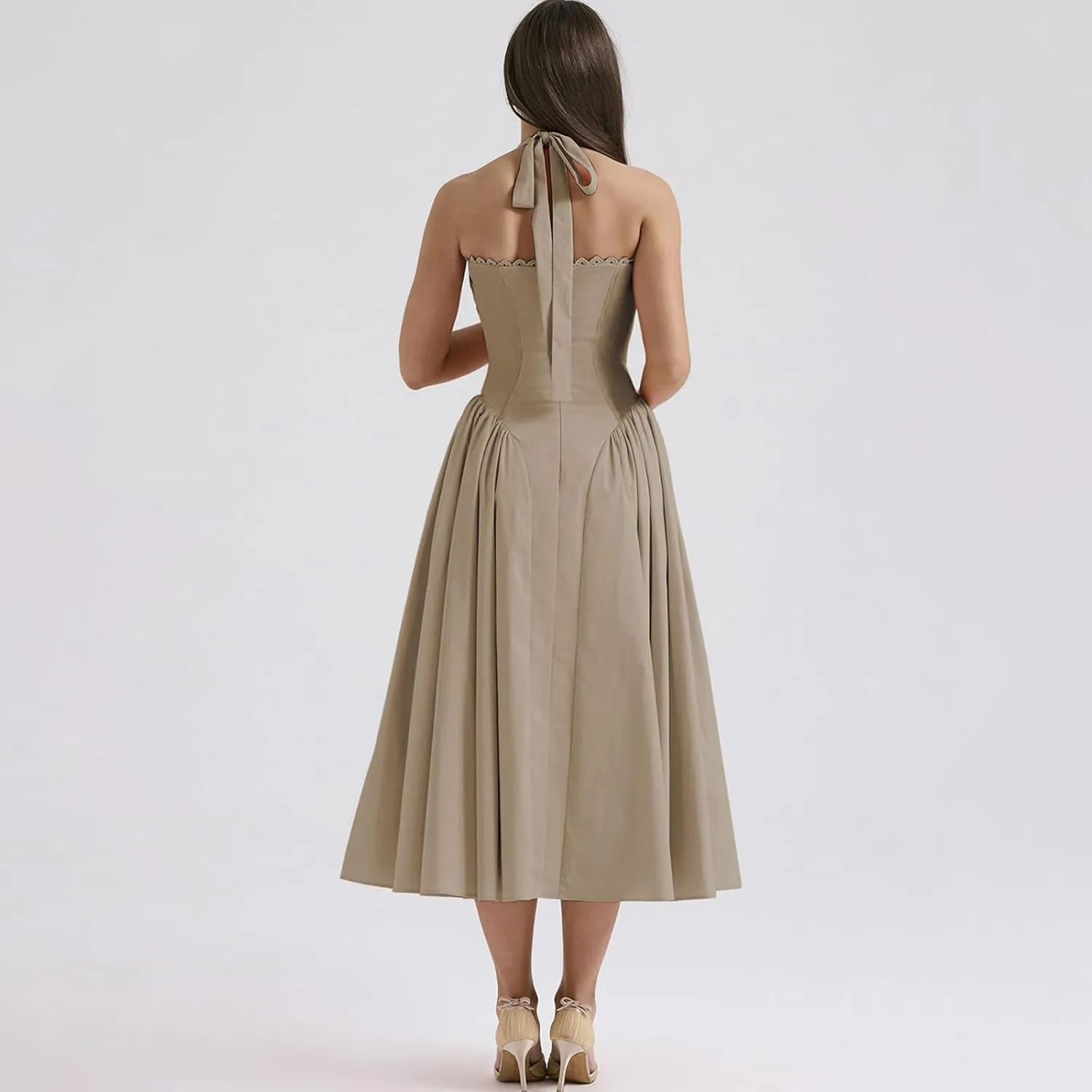 Women Floral Corset Dress Halter Neck Low Cut Bustier Lace Midi Dress Flowy Pleated Hem Long Sundress with Pockets