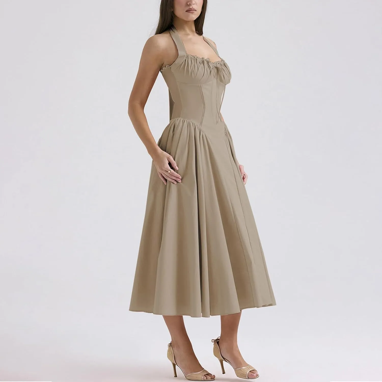 Women Floral Corset Dress Halter Neck Low Cut Bustier Lace Midi Dress Flowy Pleated Hem Long Sundress with Pockets