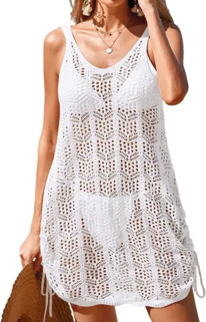 Womens Crochet Knit Beach Dresses Summer 2025 Backless V Neck Double Drawstring Bathing Suit Cover Up Mini Dress