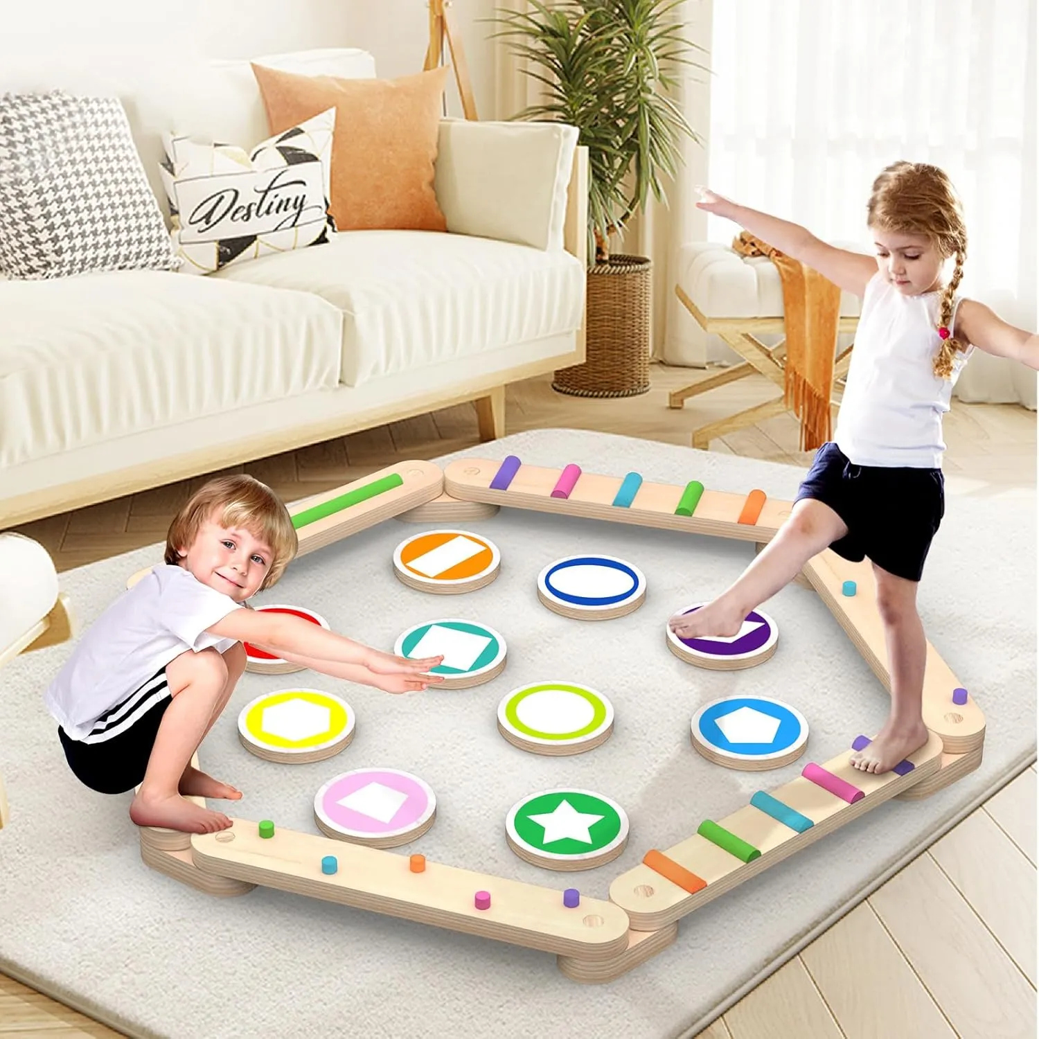 Wooden Balance Beam, Montessori Balance Board for Kids, Toddler Stepping Stones, Sensory Kids Gymnastics Obstacle Course Toy Playset, Improve Balance And Coordination Skills (8 Connectors)