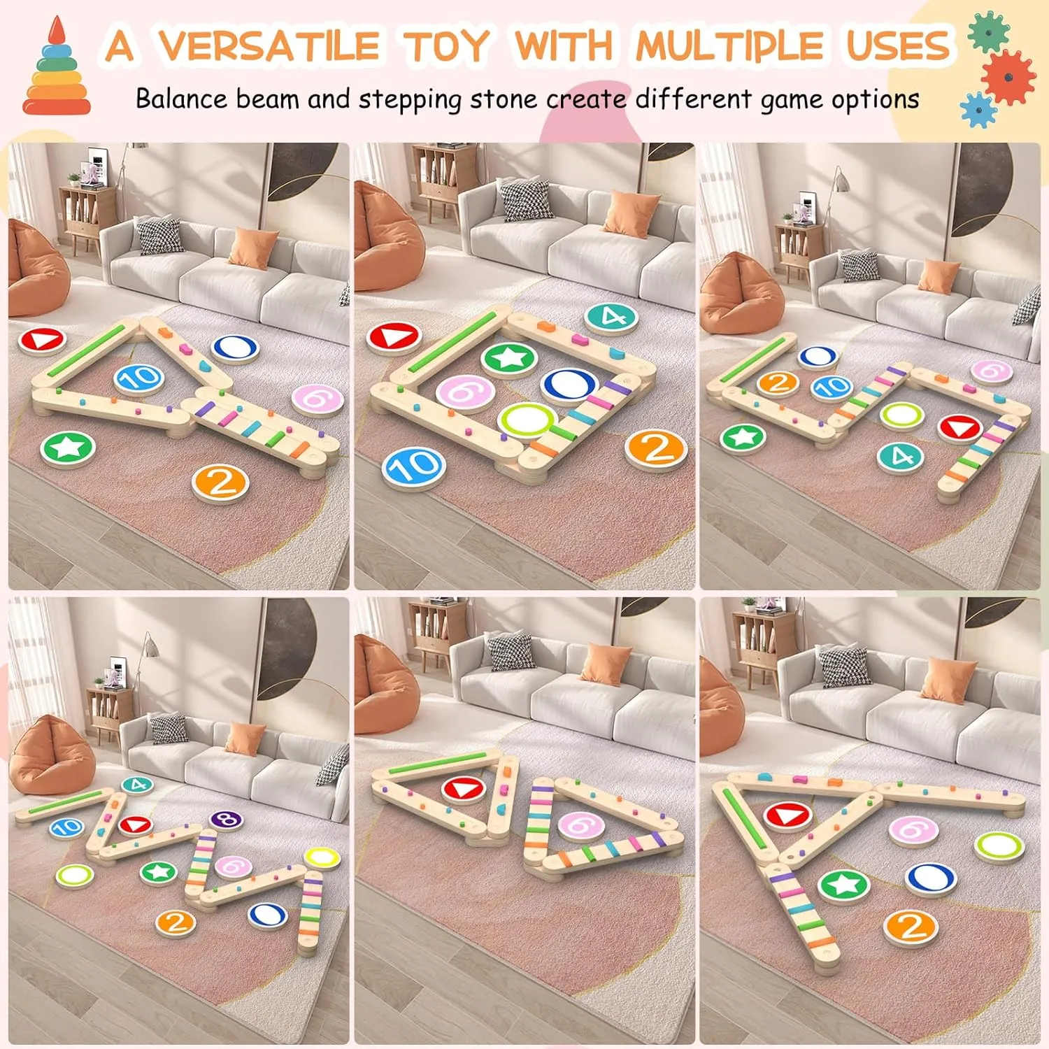 Wooden Balance Beam, Montessori Balance Board for Kids, Toddler Stepping Stones, Sensory Kids Gymnastics Obstacle Course Toy Playset, Improve Balance And Coordination Skills (8 Connectors)